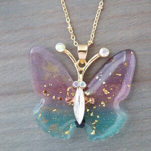 Butterfly Pink/Blue Pendant Necklace with Rhinestones 18k Gold Plated